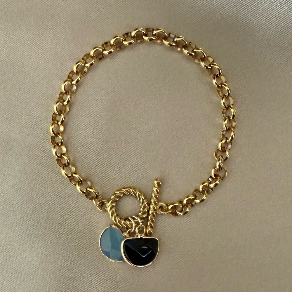 18k Gold Plated Stainless Steel Toggle Clasp Bracelet with Two Gemstone Charms - Picture 6 of 6